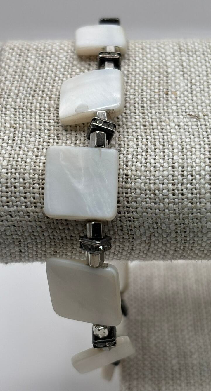 Lori Frantz-Koenig White MOP Look Bead & Rhinestone Bracelet 9" #76902